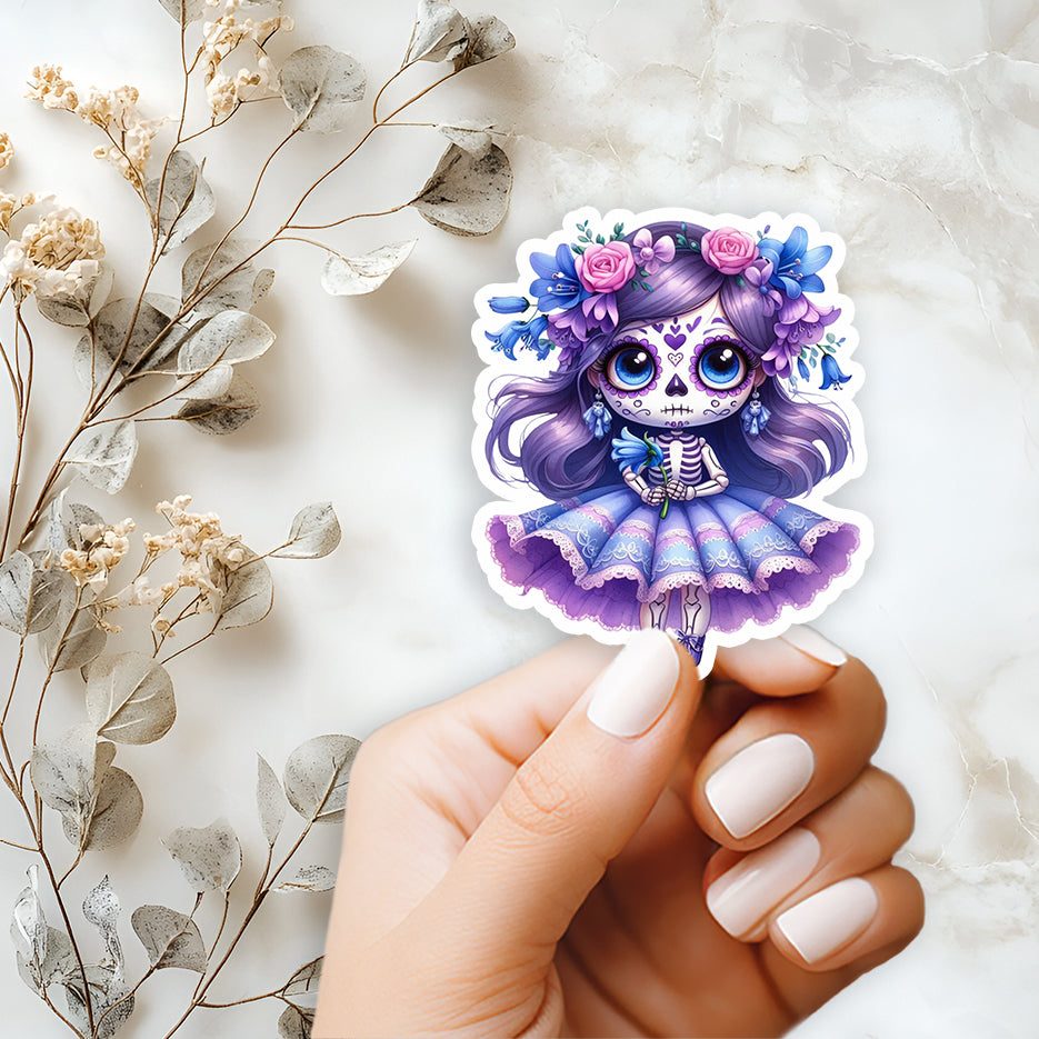 Sugar Skull Girl Sticker - Purple 4in Waterproof Blue Floral Sticker