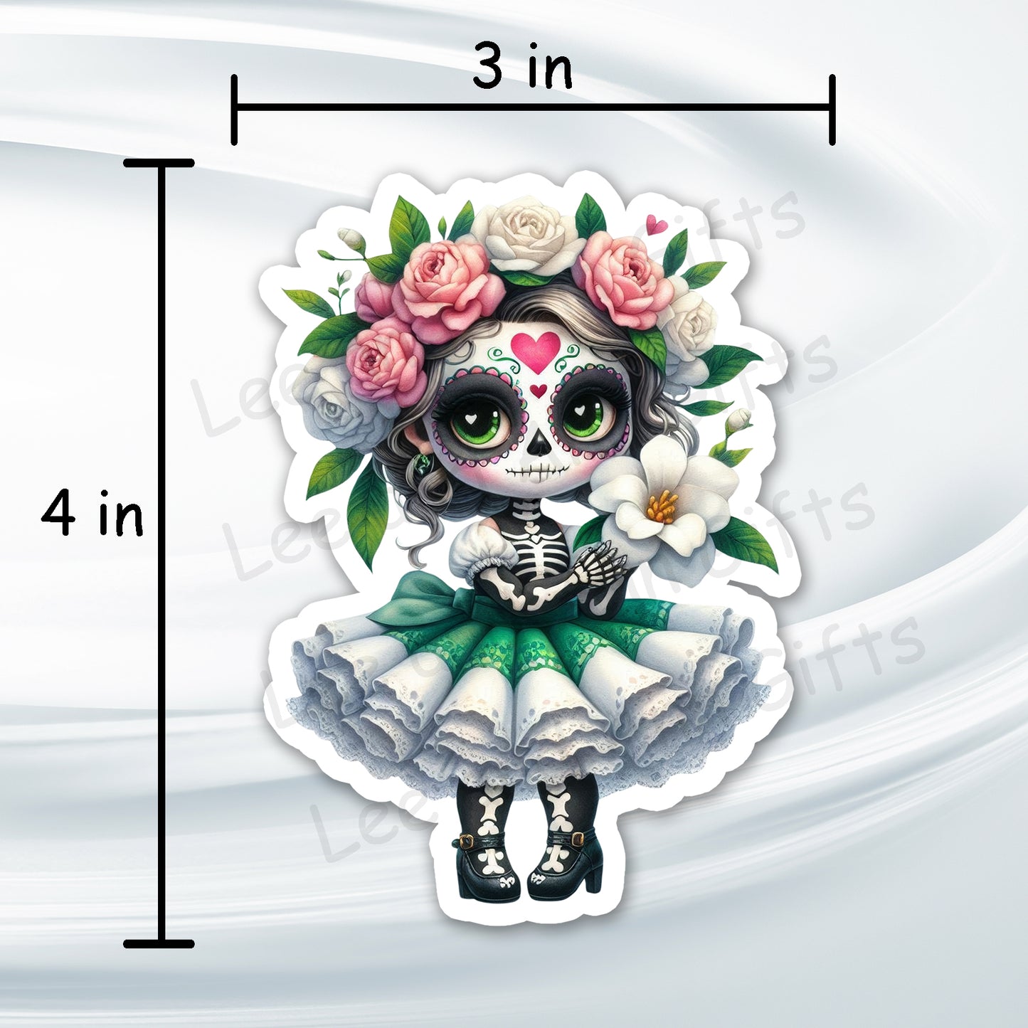 Sugar Skull Girl Sticker - White/Green 4in Waterproof Blue Floral Sticker