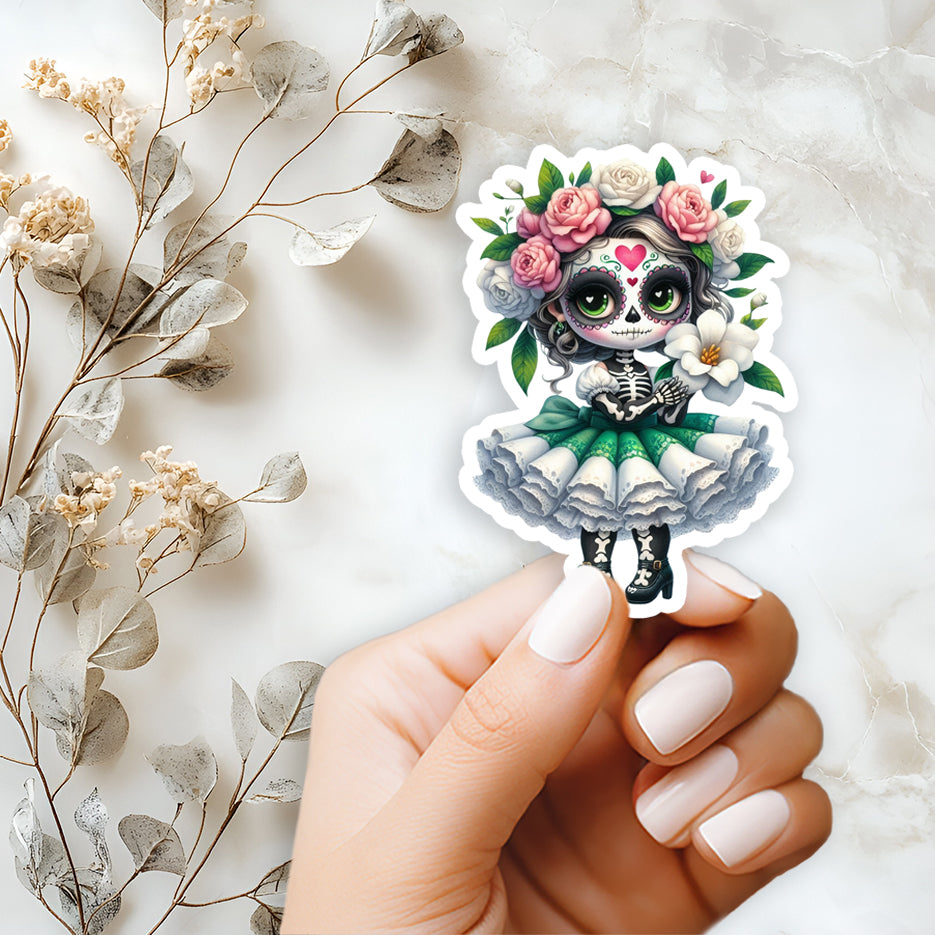 Sugar Skull Girl Sticker - White/Green 4in Waterproof Blue Floral Sticker