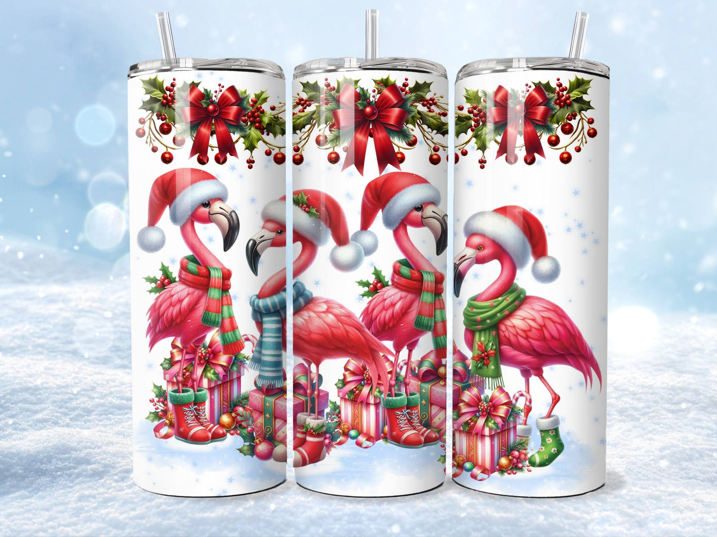 Christmas Tumbler - Pink Flamingo - Holiday - Insulated 20oz Stainless Steel Vacuum Sealed with Lid and Straw