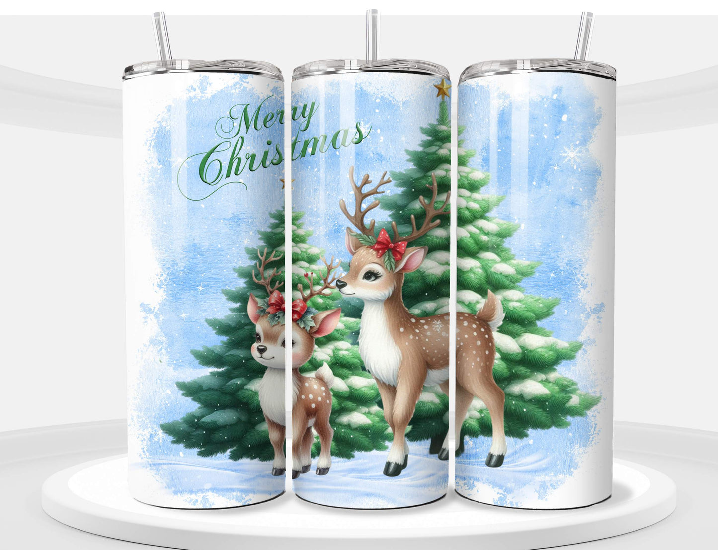 Christmas Tumbler - Deer in Snow - Insulated 20oz Stainless Steel Vacuum Sealed with Lid and Straw