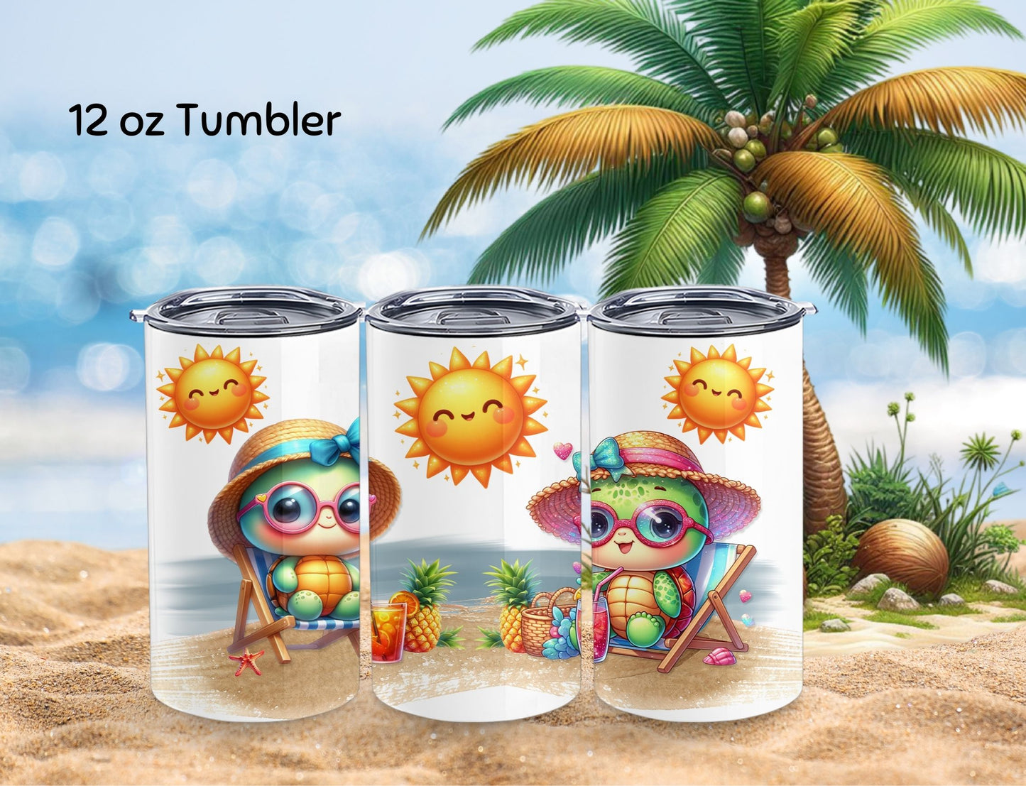 Tumbler - Turtles at the Beach - 12 0z Kid Sized Stainless Steel Hot/Cold Drinkware. Also the Perfect Size for a Cup of Coffee
