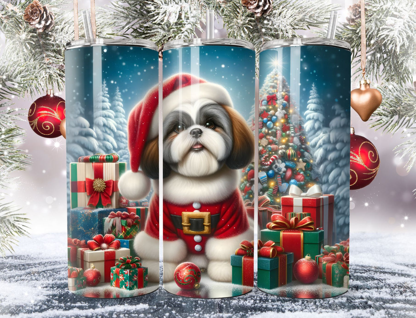 Holiday Shi Tzu Tumbler Santa Dog Christmas