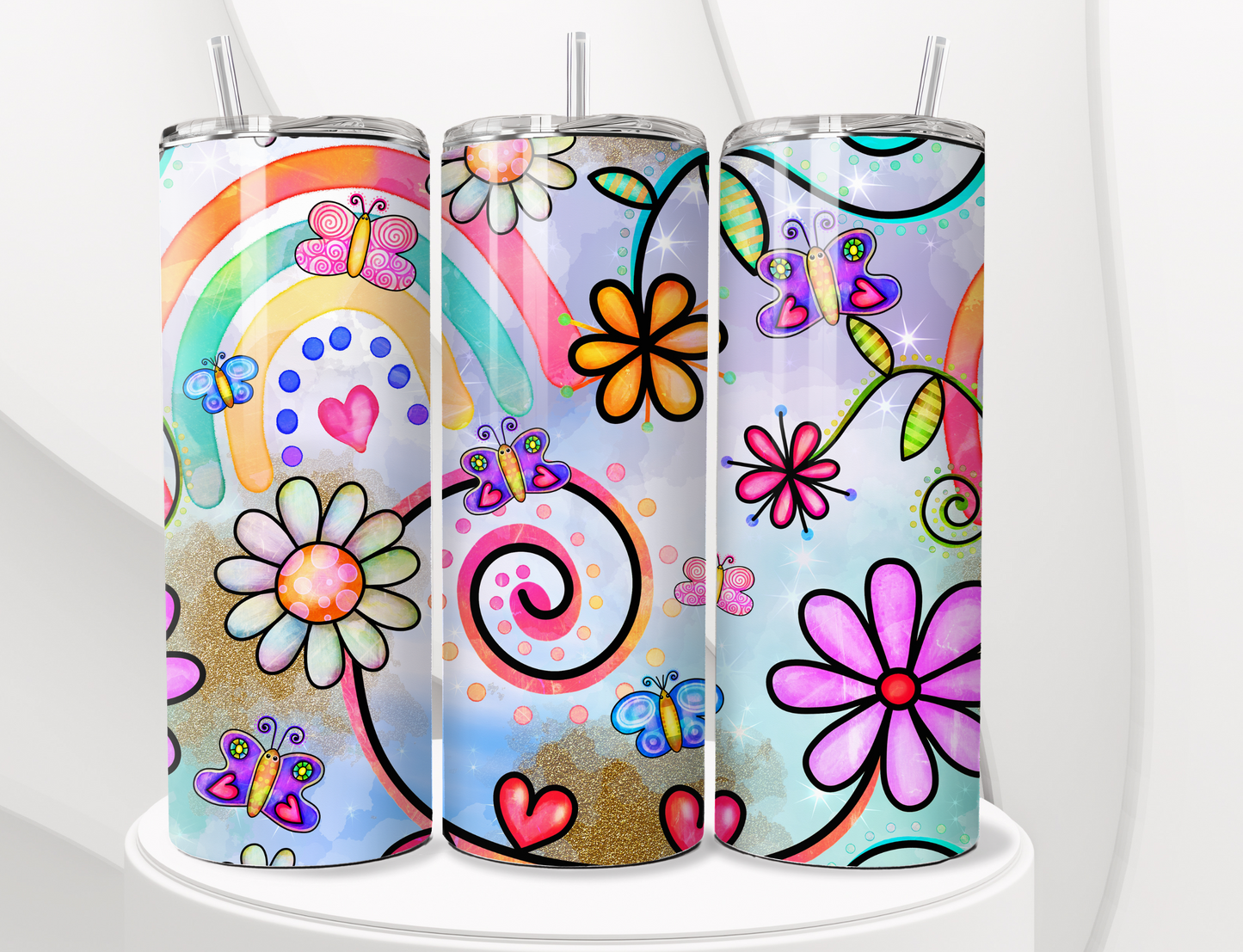 Doodle Tumbler with Butterflies - Insulated 20oz Stainless Steel Vacuum Sealed with Lid and Straw