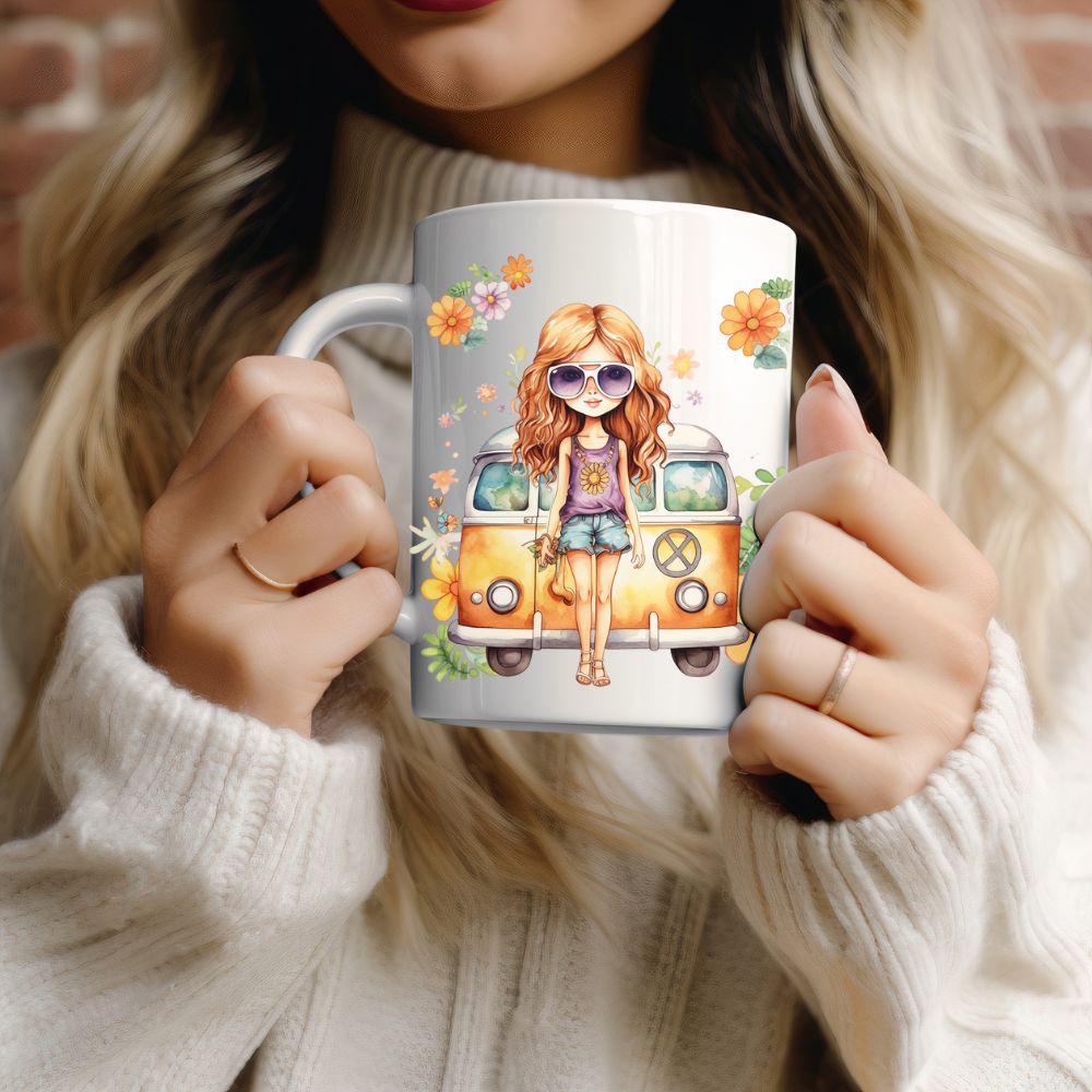 Retro Hippi Flower Girl Coffee Cup Mug
