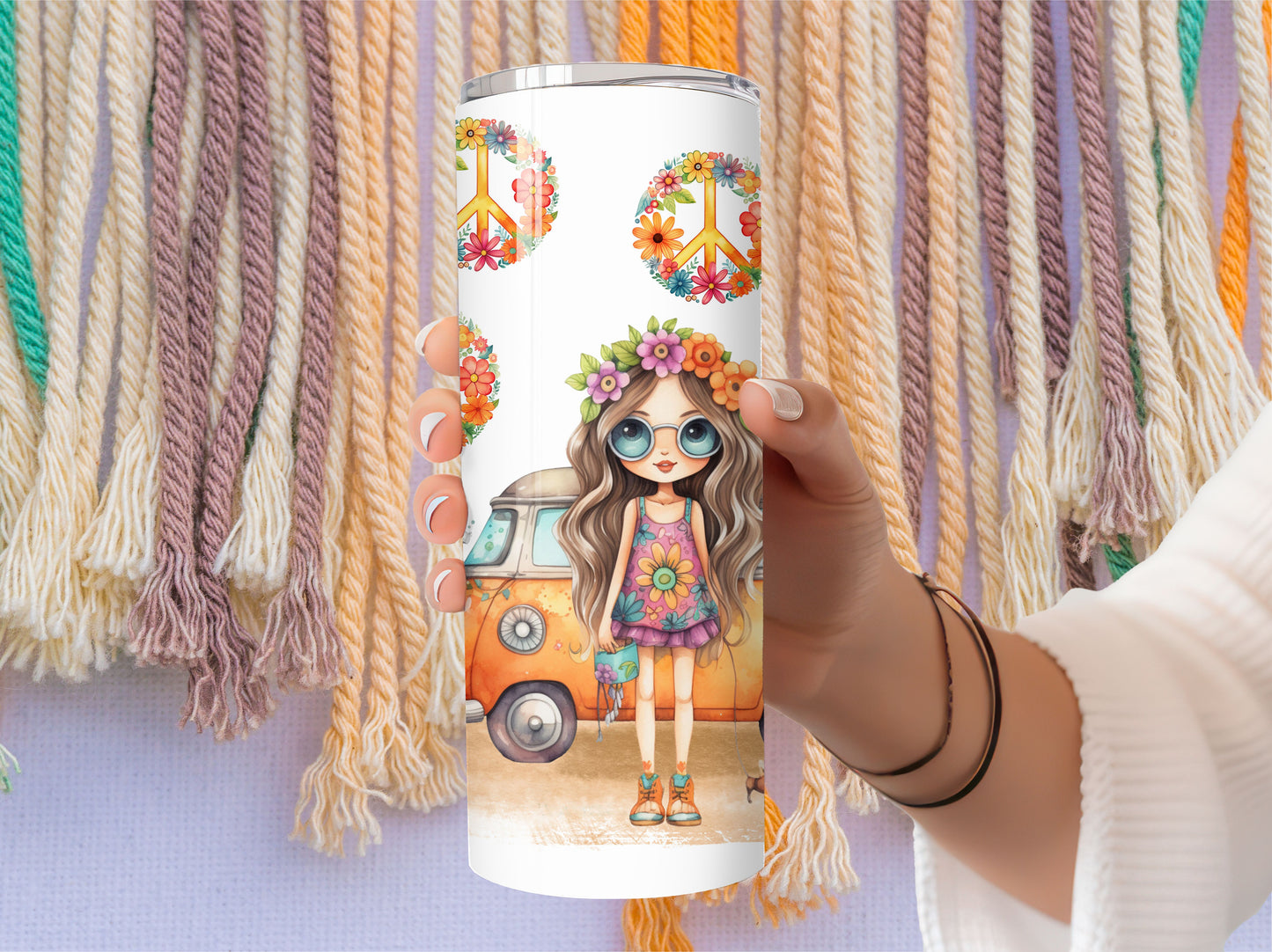 Retro Hippie Girl Tumbler 20oz Stainless Steel groovy Van and a Flower Child