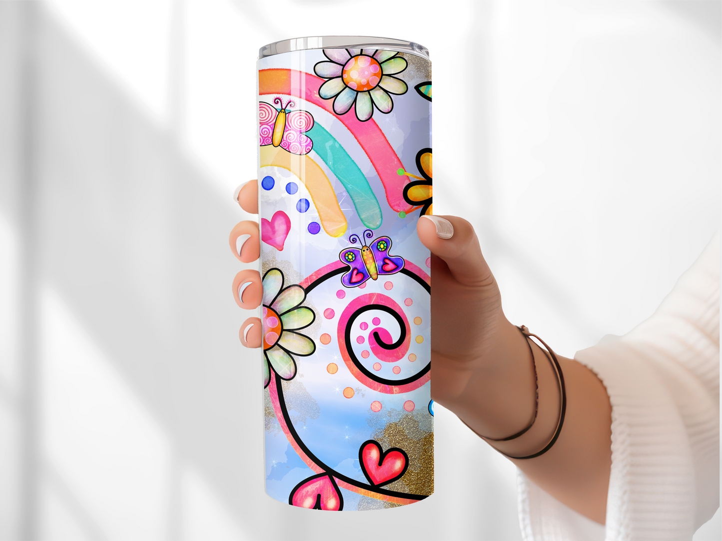 Doodle Tumbler with Butterflies - Insulated 20oz Stainless Steel Vacuum Sealed with Lid and Straw
