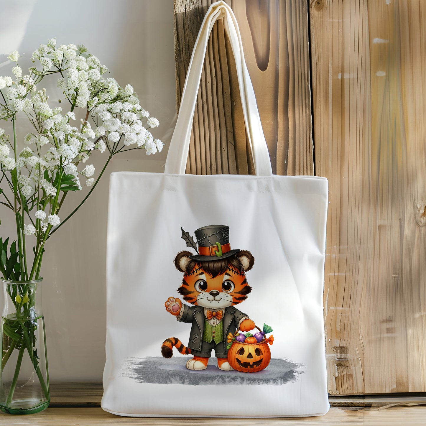 Reusable Tote Bag - Trick or Treat Tiger Cat in Halloween Costume