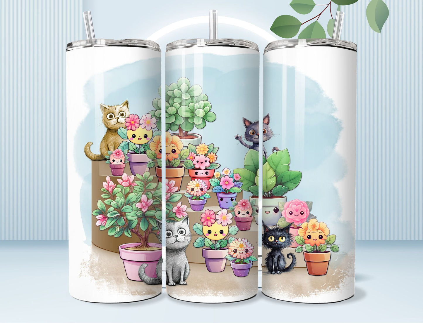 Kawaii Plants and Kitty Cats Tumbler with Lid and Straw
