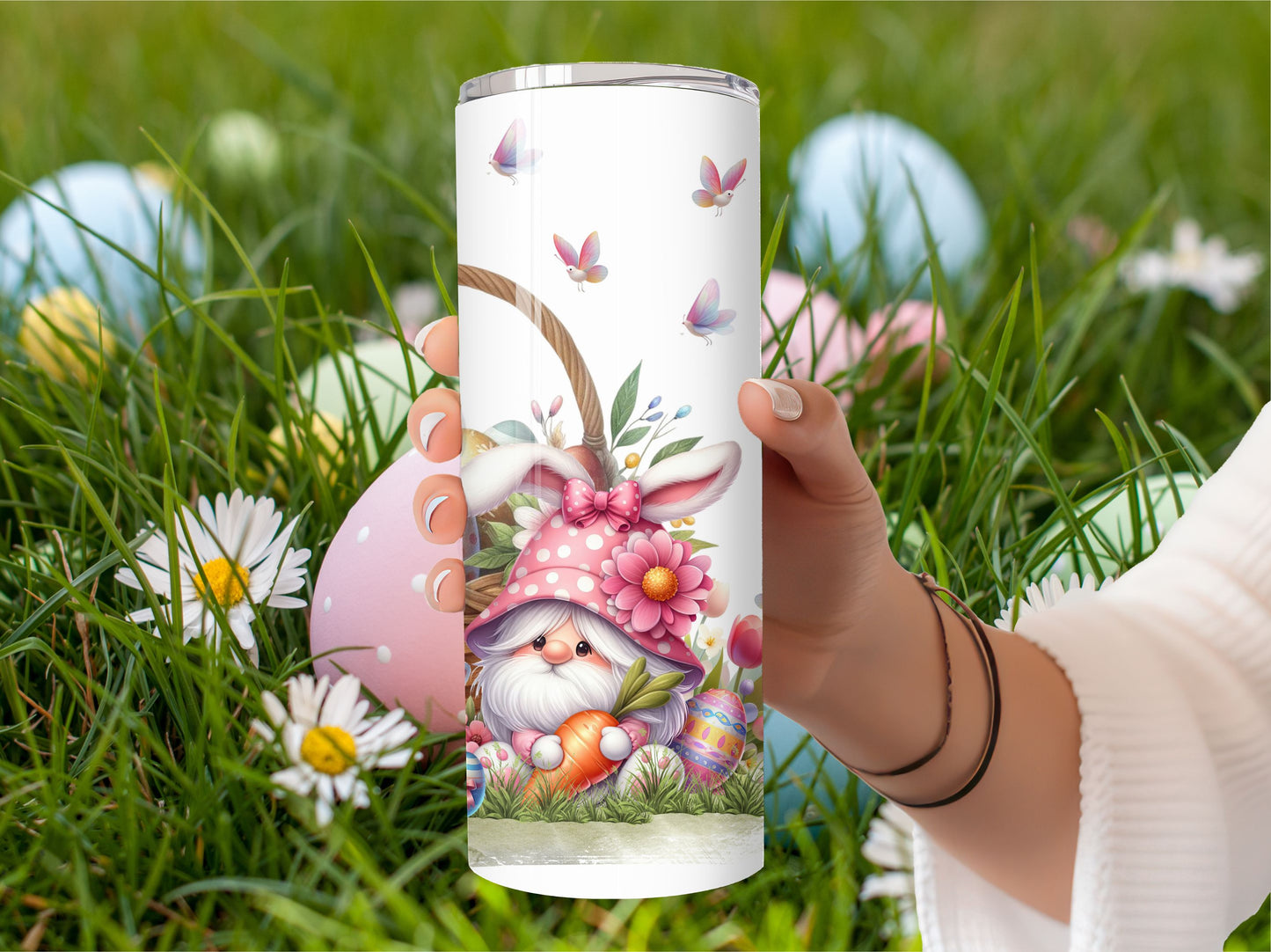 Easter Bunny Gnome Tumbler - Easter Basket and Gnomes Stainless Steel Hot/Cold Tumbler with Lid and Straw