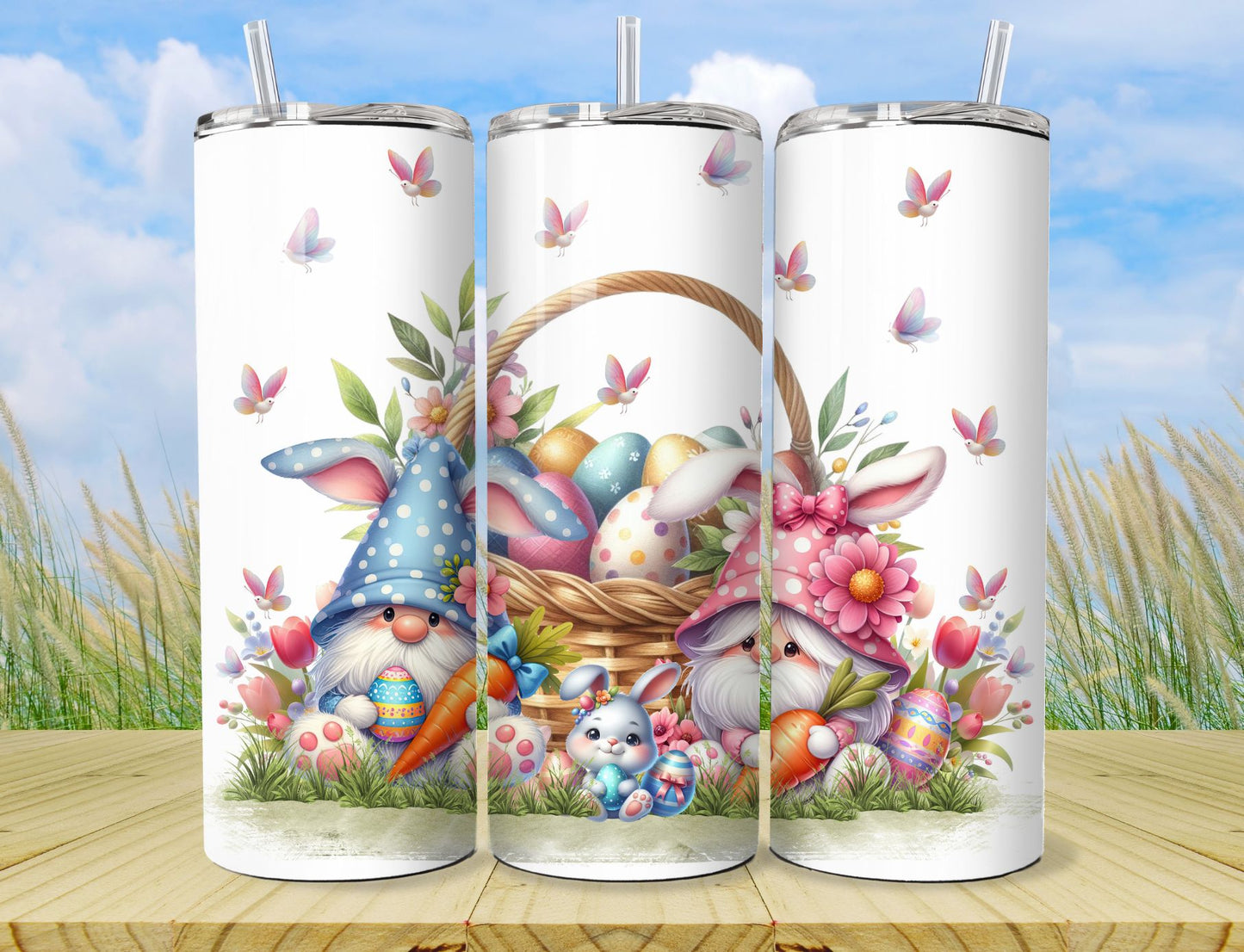 Easter Bunny Gnome Tumbler - Easter Basket and Gnomes Stainless Steel Hot/Cold Tumbler with Lid and Straw