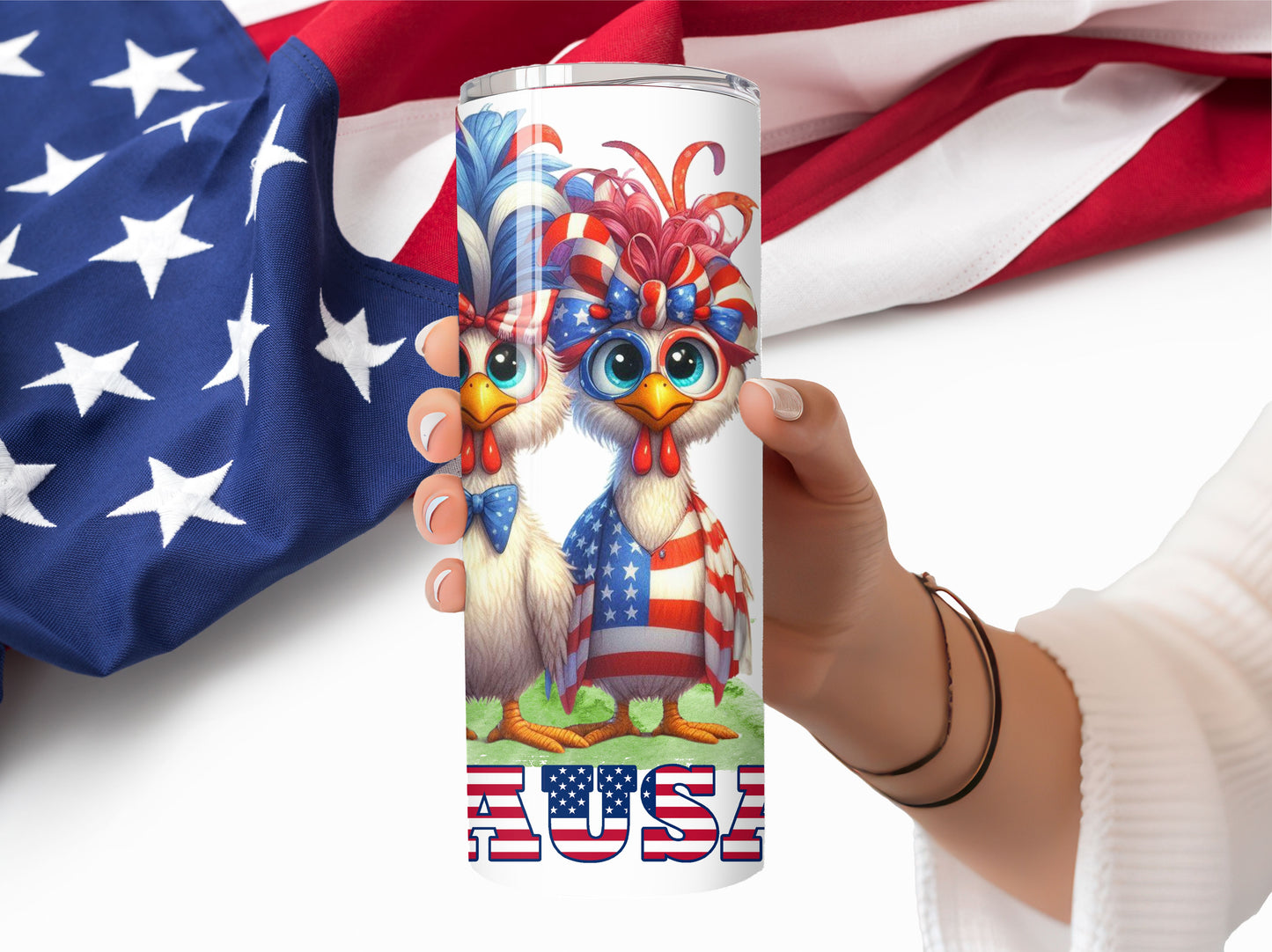 Patriotic Tumbler with Funny Chickens - Insulated 20oz Stainless Steel Vacuum Sealed with Lid and Straw