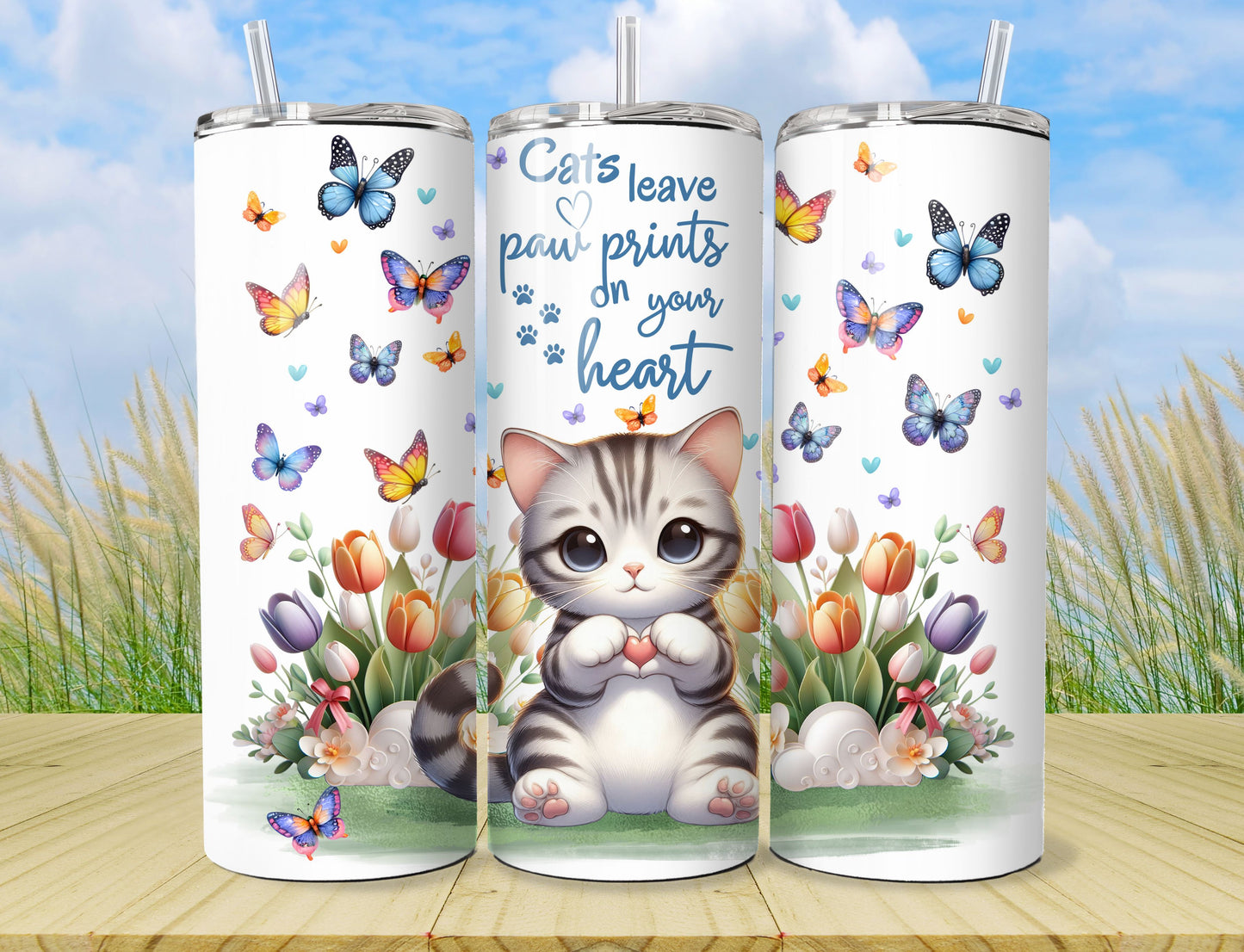 Cat tumbler - 20oz Stainless Steel Vacuum Sealed Gray kitten Tumbler with Lid and Straw