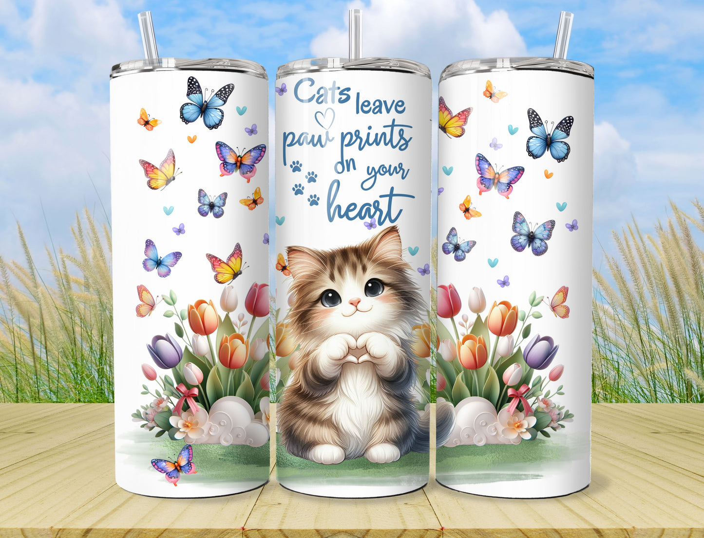 Cute Cat Tumbler - Stainless Steel Vacuum Sealed Fluffy Kitten Tumbler with Lid and Straw -1