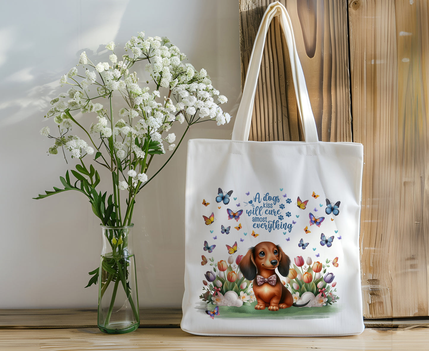 Adorable Dog Canvas Tote Bag - Dachshund with Pink Bow