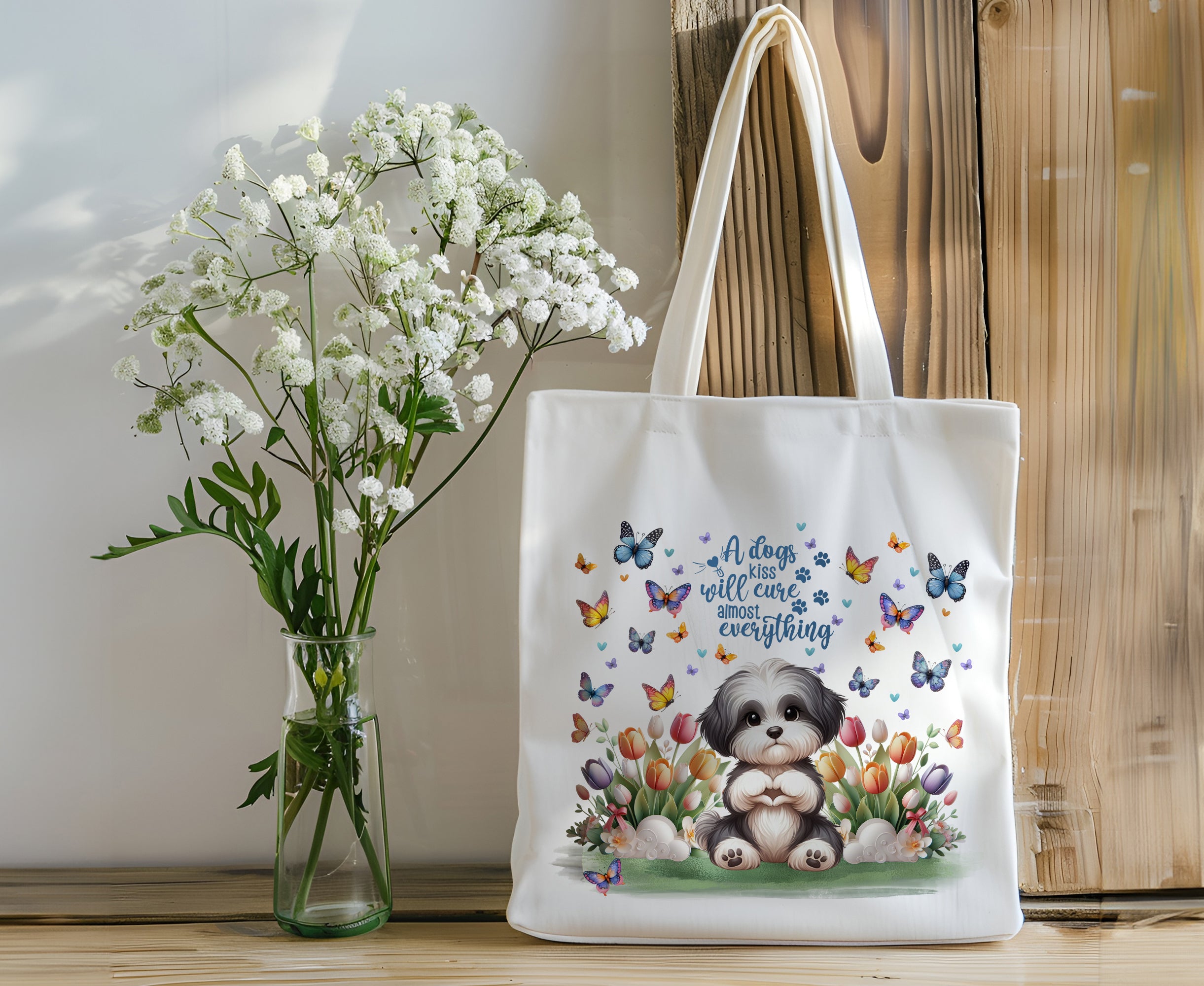 Dog Canvas Tote Bag Black and White Shih Tzu