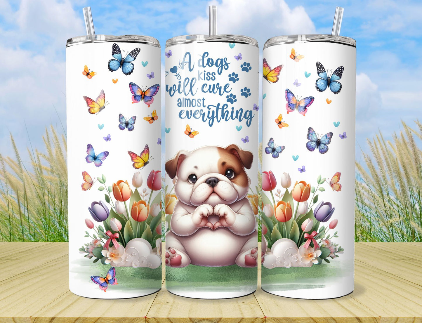 Tumbler Bulldog Puppy Dog - Pet 20oz Stainless Steel Vacuum Sealed Pet Tumbler with Lid and Straw