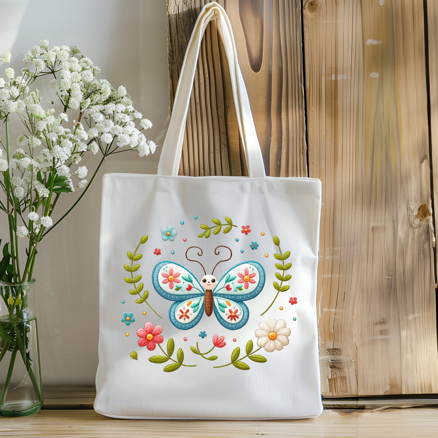 Canvas Tote Bag - Cute Butterfly in the flowers