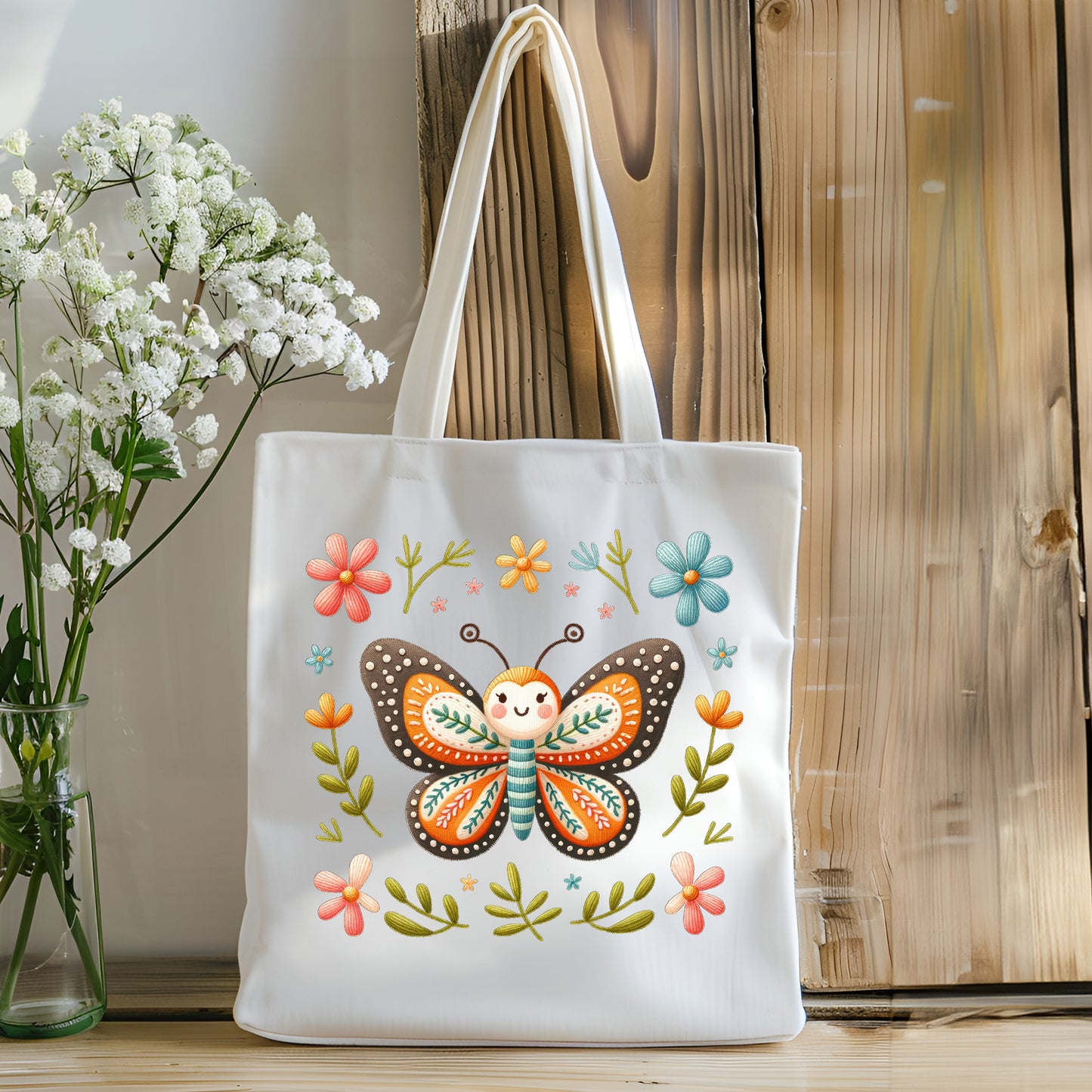 Canvas Tote Bag - Cute Butterfly in the Garden
