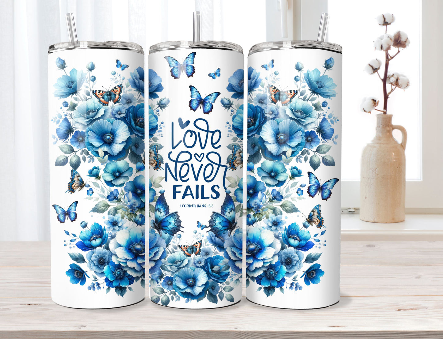 Inspirational Tumbler - Blue Flowers - Bible Verse Insulated 20oz Stainless Steel Vacuum Sealed with Lid and Straw