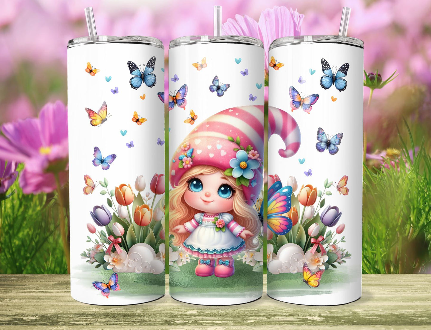 Cute Gnome Spring Tumbler - Flower Garden Stainless Steel Hot/Cold Tumbler with Lid and Straw