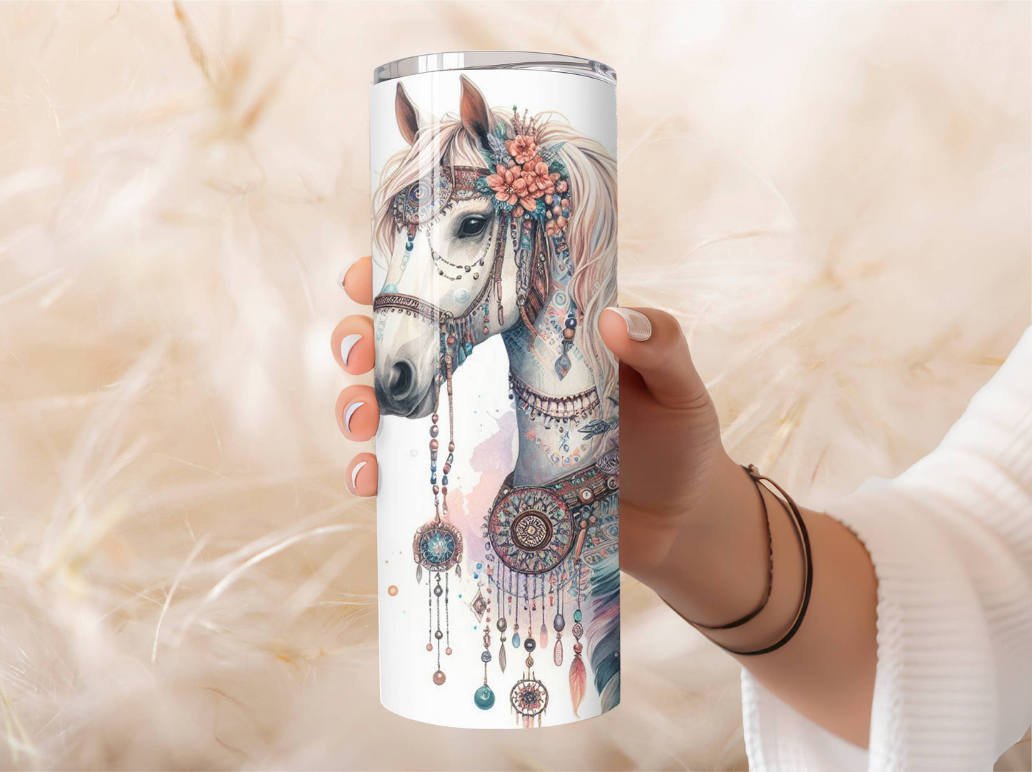 Horse Boho Tumbler - 20oz Stainless Steel Vacuum Sealed with Lid and Straw