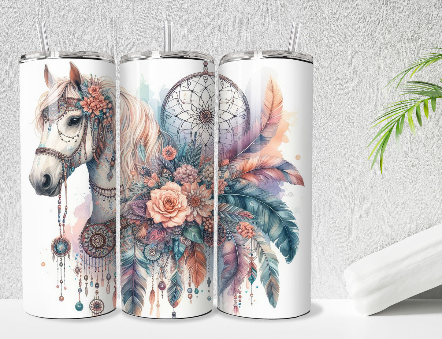 Horse Boho Tumbler - 20oz Stainless Steel Vacuum Sealed with Lid and Straw