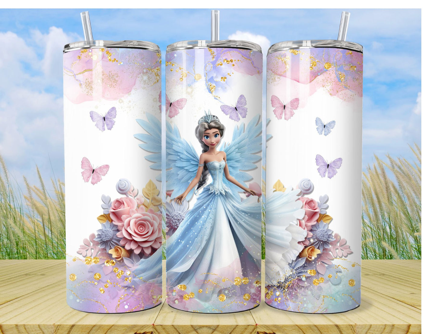 Fairy Princess Tumbler - Blue insulated Tumbler Cup with Straw and Lid