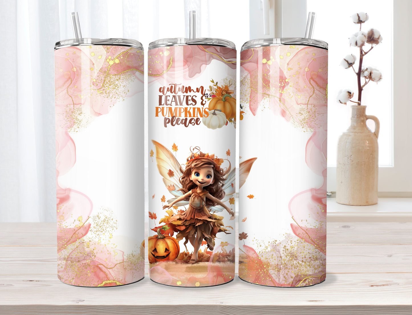 Autumn Fairy Tumbler with Lid and Straw, Autumn Pumpkins and Leaves Fall 20oz Stainless Steel Tumbler