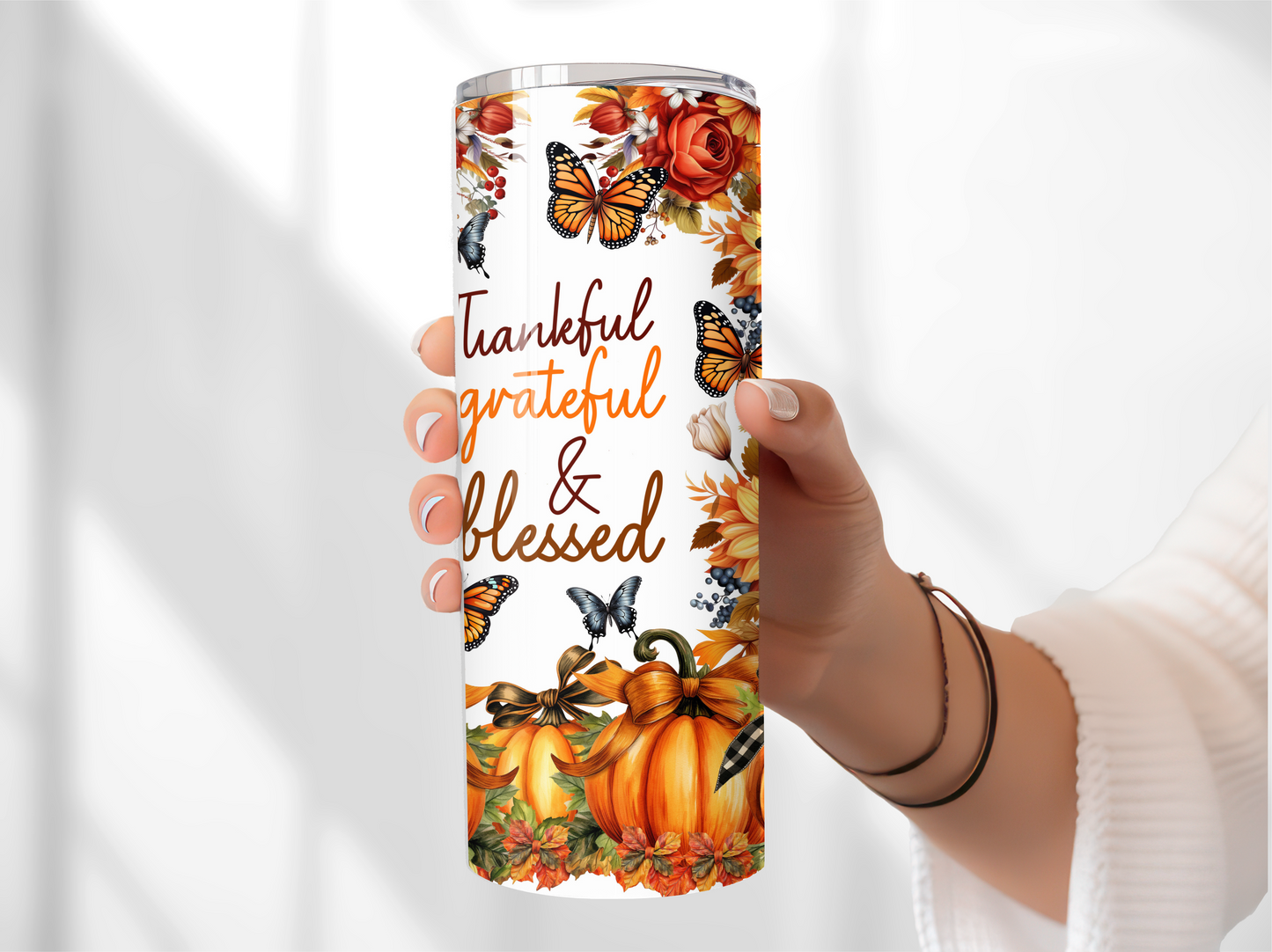 Fall Tumbler - Thanksgiving 20oz Stainless Steel Vacuum Sealed with Lid and Straw
