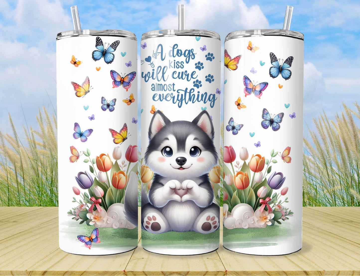Tumbler Siberian Husky Puppy Dog - 20oz Stainless Steel Vacuum Sealed Pet Tumbler with Lid and Straw