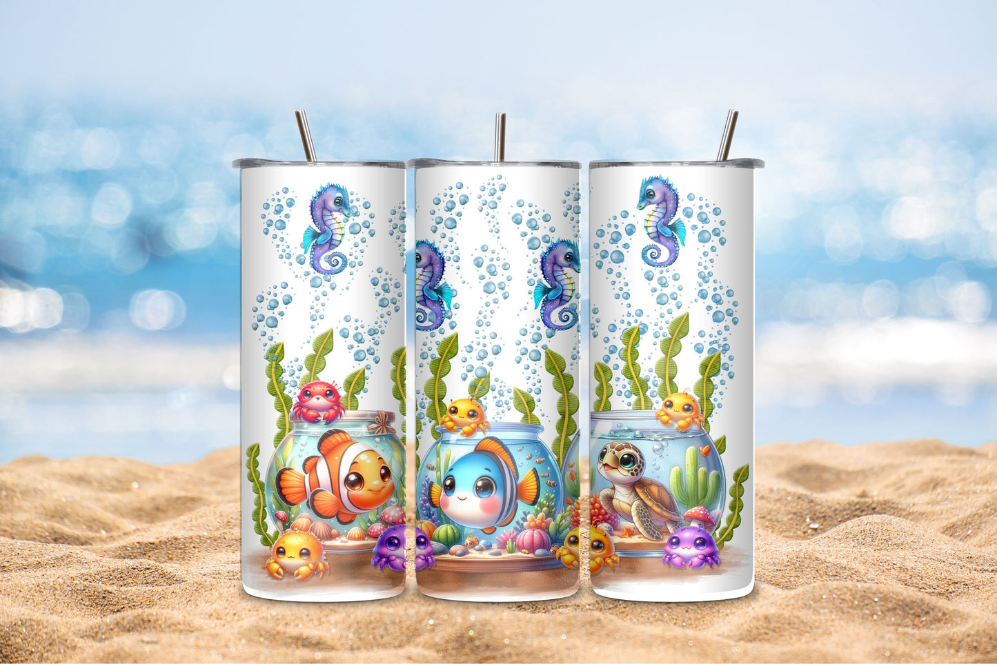 Tumbler with Fishbowls - Stainless Steel Vacuum Sealed Tumbler with Lid and Straw