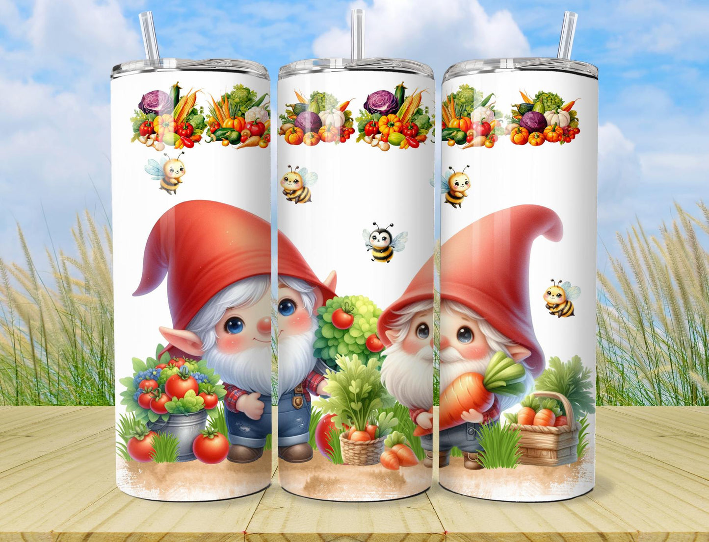 Garden Gnomes Tumbler - Cute Vegetable Garden - Insulated Stainless Steel Hot/Cold Tumbler with Lid and Straw