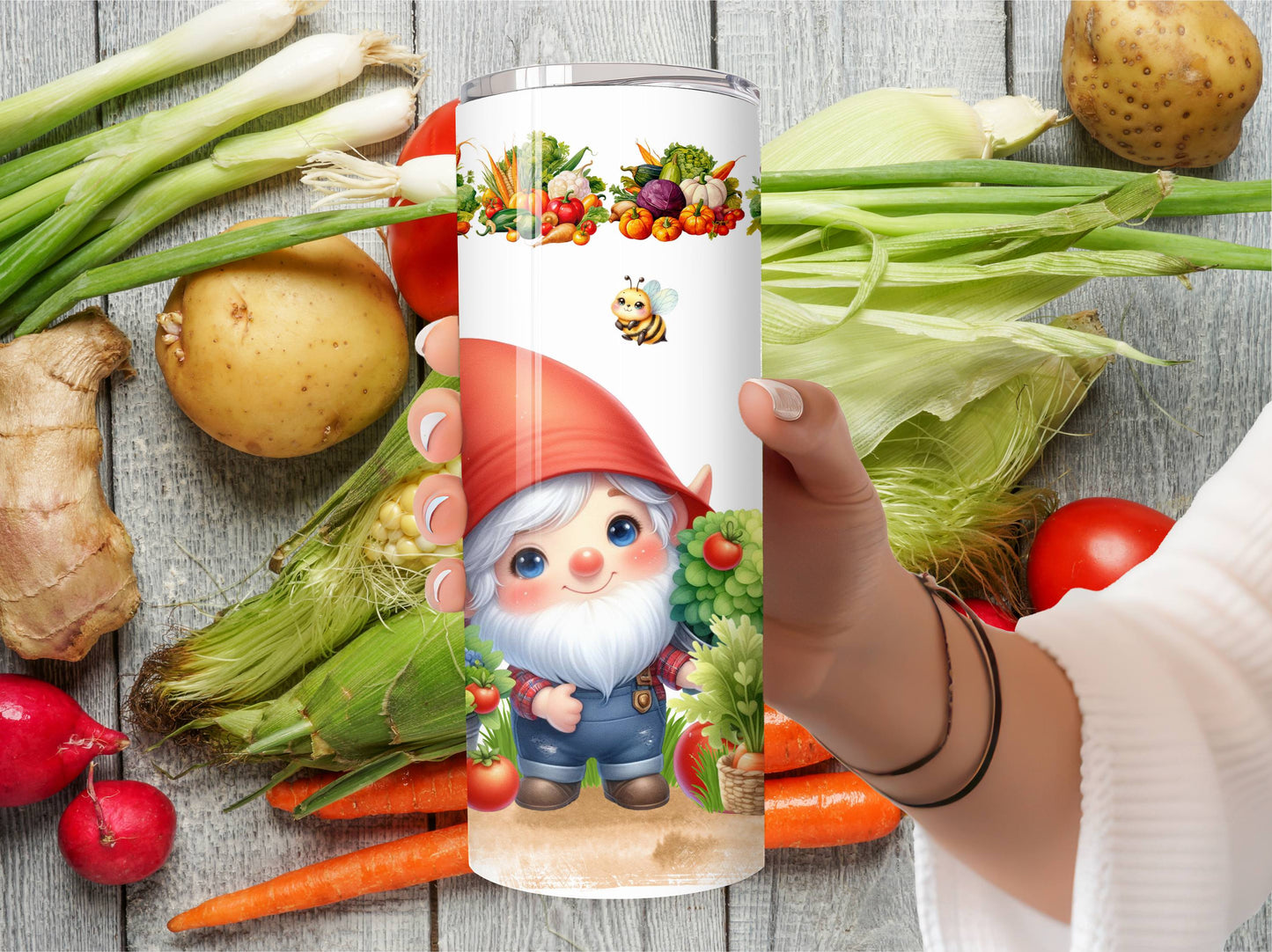 Garden Gnomes Tumbler - Cute Vegetable Garden - Insulated Stainless Steel Hot/Cold Tumbler with Lid and Straw