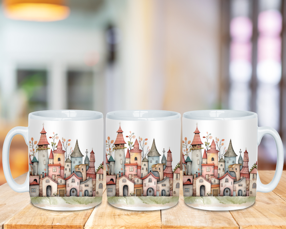 Ceramic Mug 15oz Whimsical Neighborhood Houses