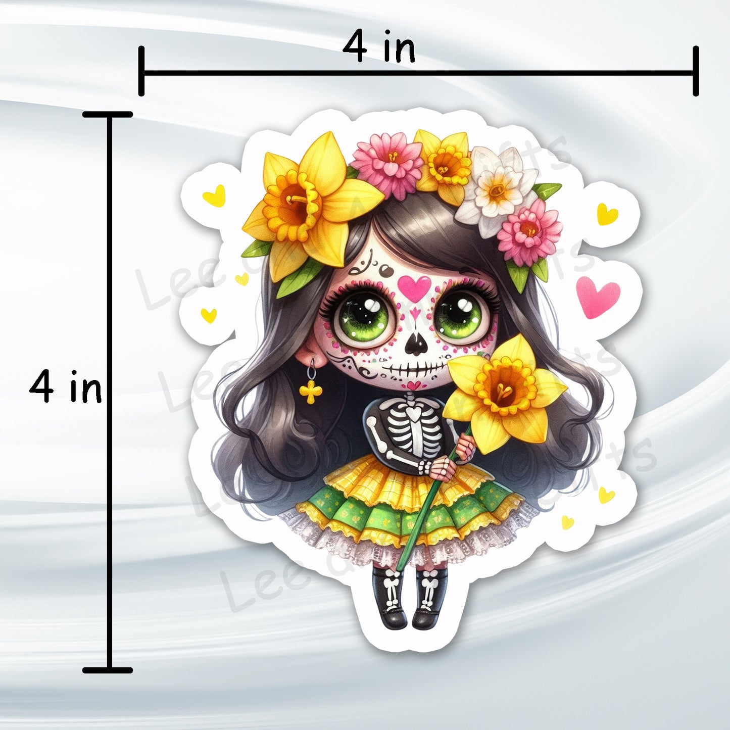 Sugar Skull Daffodil Girl Sticker - 4in Waterproof Spring Floral Sticker