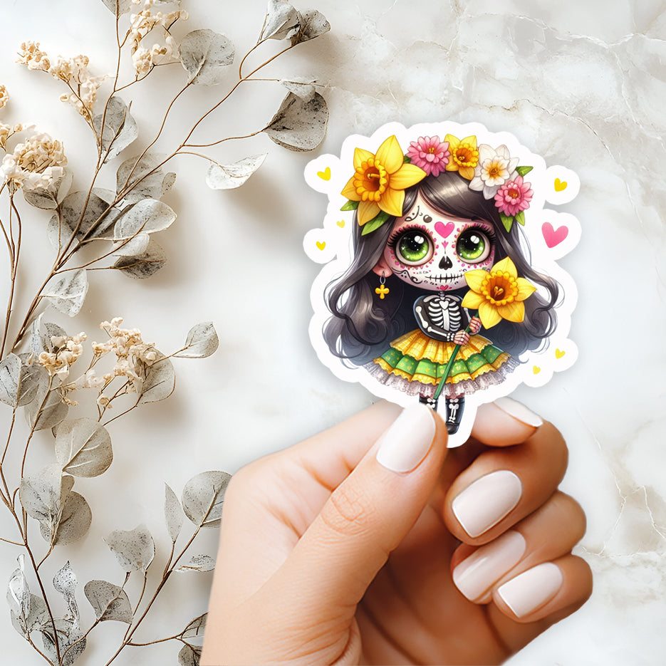 Sugar Skull Daffodil Girl Sticker - 4in Waterproof Spring Floral Sticker