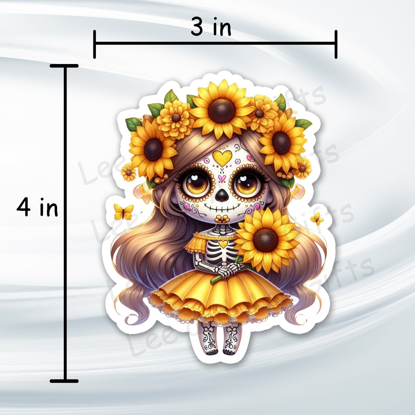 Sugar Skull Sunflower Girl Sticker - 4in Waterproof Spring Floral Stickers