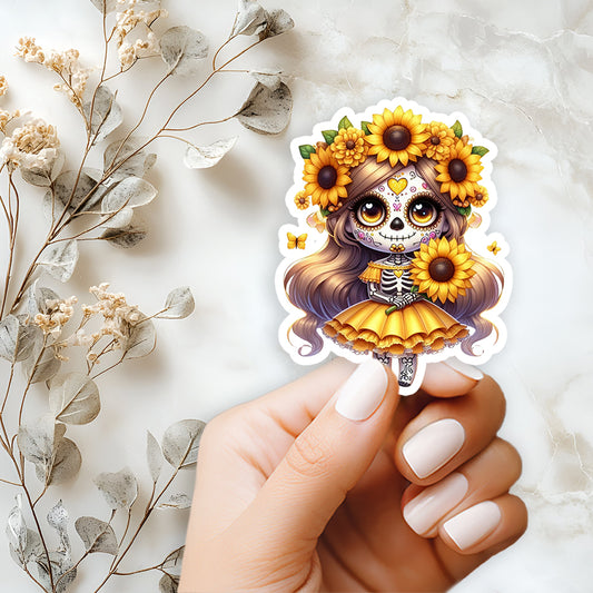 Sugar Skull Sunflower Girl Sticker - 4in Waterproof Spring Floral Stickers