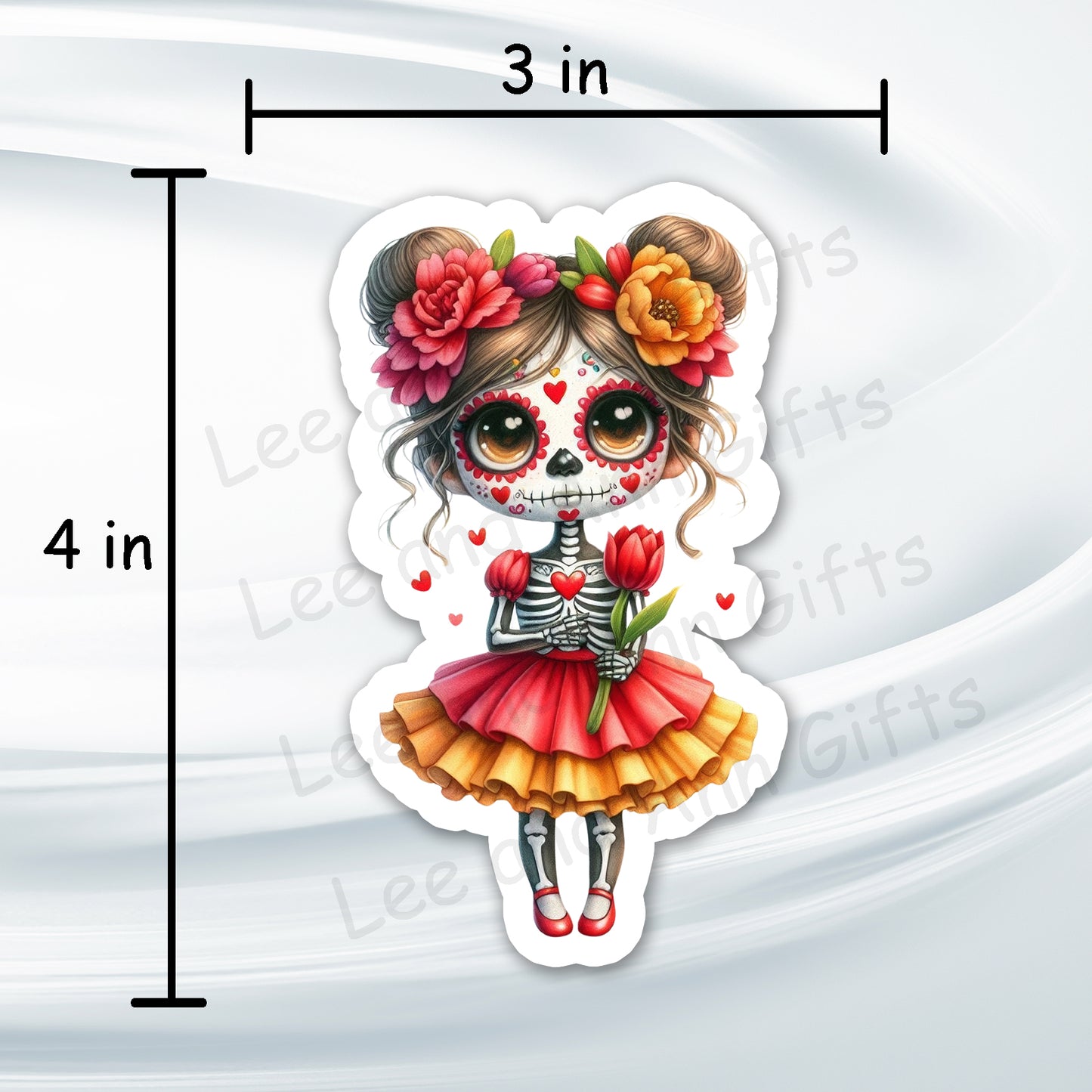 Sugar Skull Tulip Girl Sticker - 4in Waterproof Spring Floral Sticker