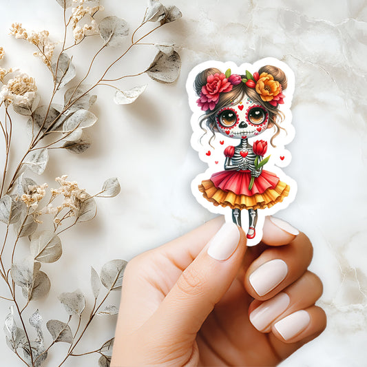 Sugar Skull Tulip Girl Sticker - 4in Waterproof Spring Floral Sticker