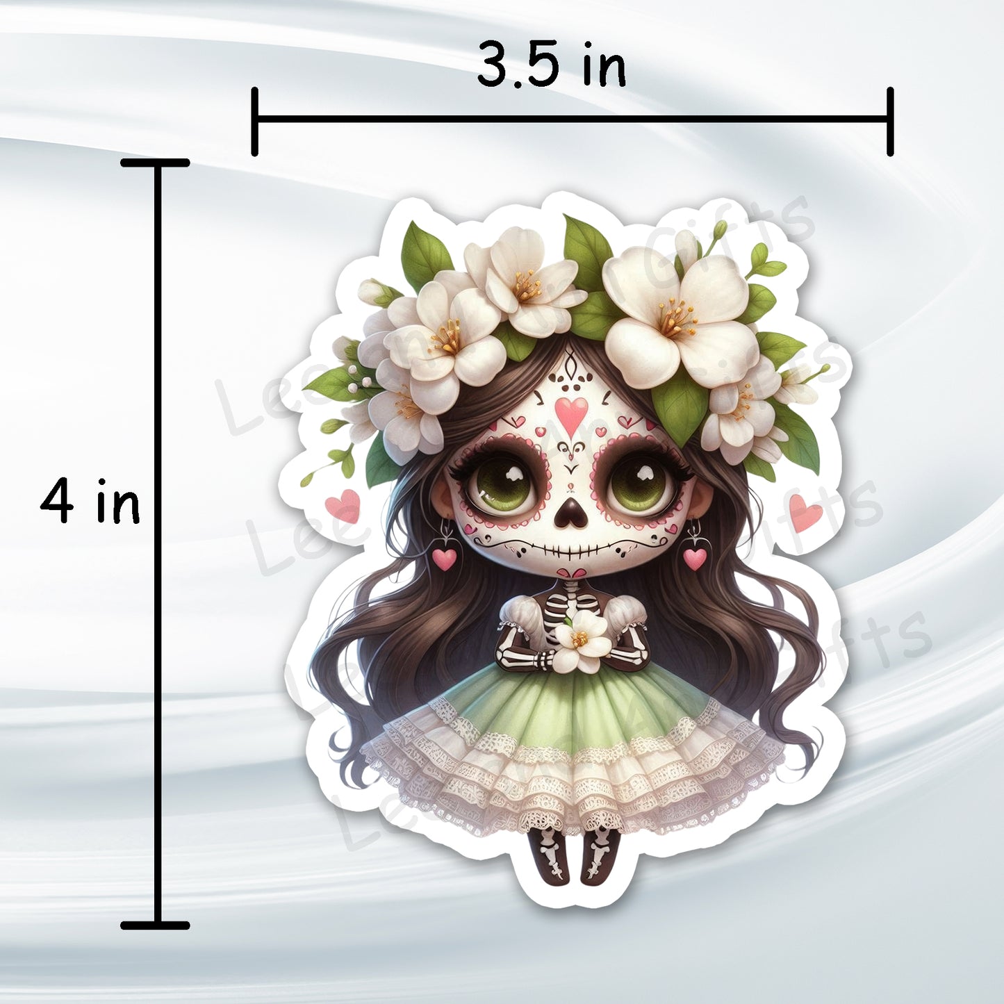 Sugar Skull Girl Sticker - 4in Waterproof Green Floral Sticker