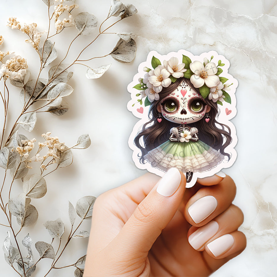 Sugar Skull Girl Sticker - 4in Waterproof Green Floral Sticker