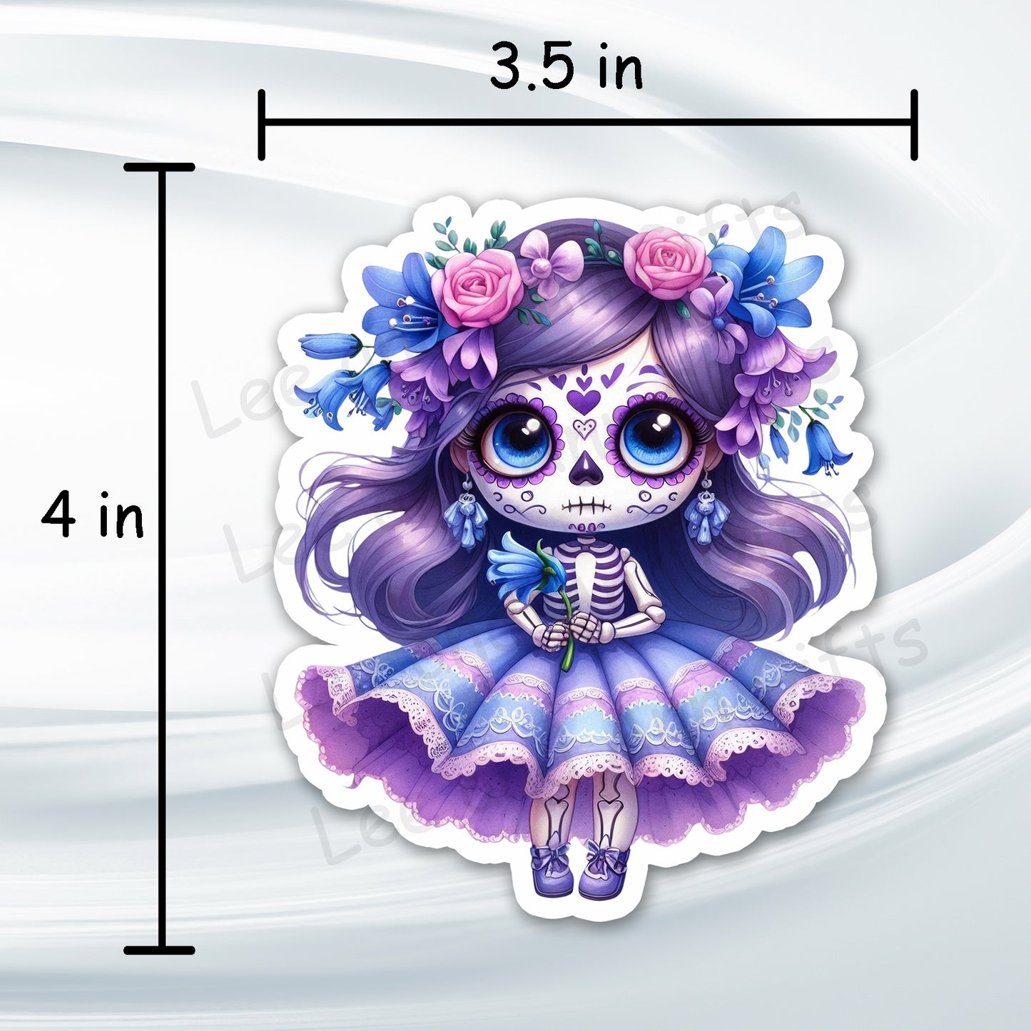 Sugar Skull Girl Sticker - Purple 4in Waterproof Blue Floral Sticker