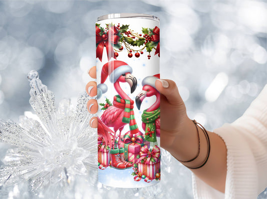 Christmas Tumbler - Pink Flamingo - Holiday - Insulated 20oz Stainless Steel Vacuum Sealed  with Lid and Straw