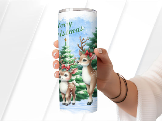 Christmas Tumbler - Deer in Snow - Insulated 20oz Stainless Steel Vacuum Sealed  with Lid and Straw