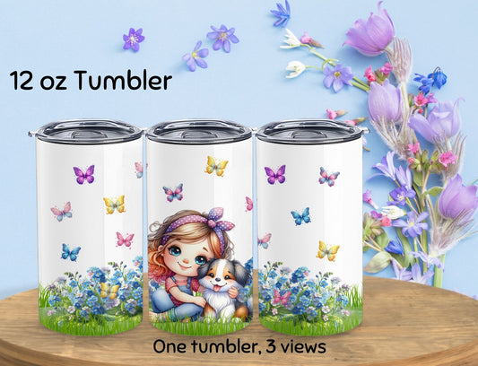 Tumbler - A Girl and Her Dog - 12 0z Kid Sized Stainless Steel Hot/Cold Travel Cup. Also the Perfect Size for a Cup of Coffee-01