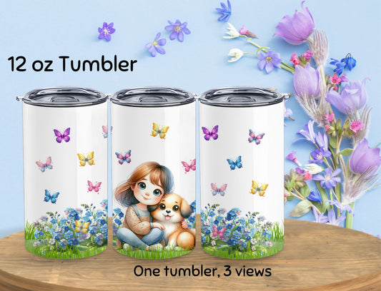 Tumbler - A Girl and Her Dog - 12 0z Kid Sized Stainless Steel Hot/Cold Travel Cup. Also the Perfect Size for a Cup of Coffee- 04