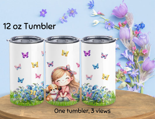 Tumbler - A Girl and Her Dog - 12 0z Kid Sized Stainless Steel Hot/Cold Travel Cup. Also the Perfect Size for a Cup of Coffee- 03