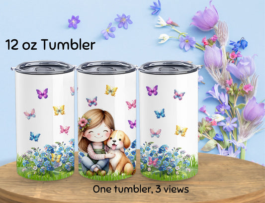 Tumbler - A Girl and Her Dog - 12 0z Kid Sized Stainless Steel Hot/Cold Travel Cup. Also the Perfect Size for a Cup of Coffee- 02